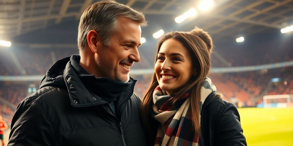 Soccer manager and wife in a stadium setting.