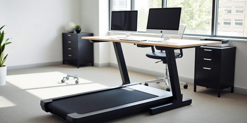 Under desk treadmill in a modern office environment.