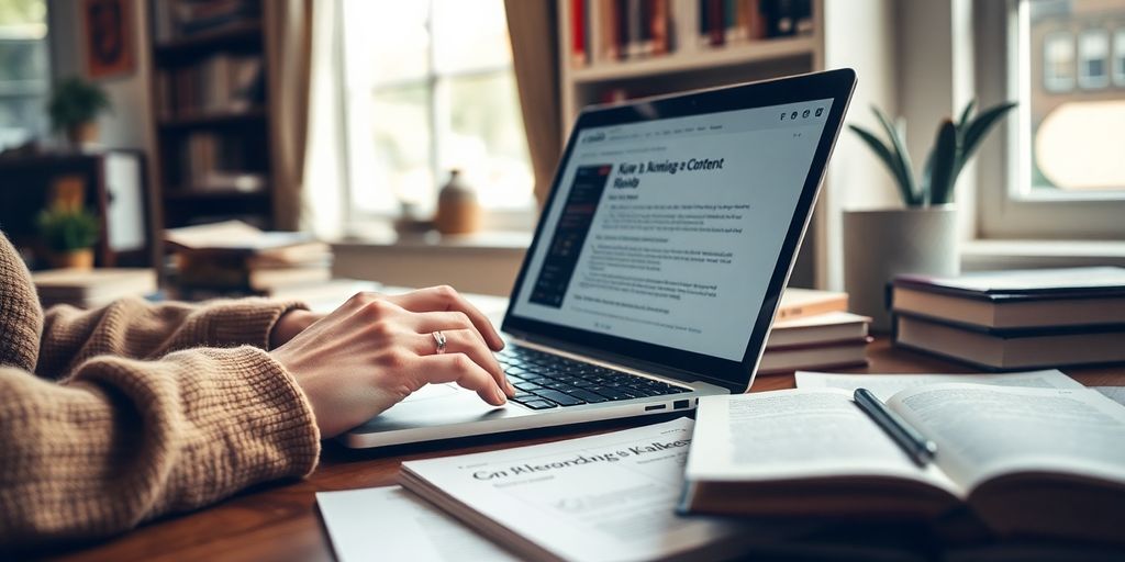 Person typing on laptop in a cozy workspace.