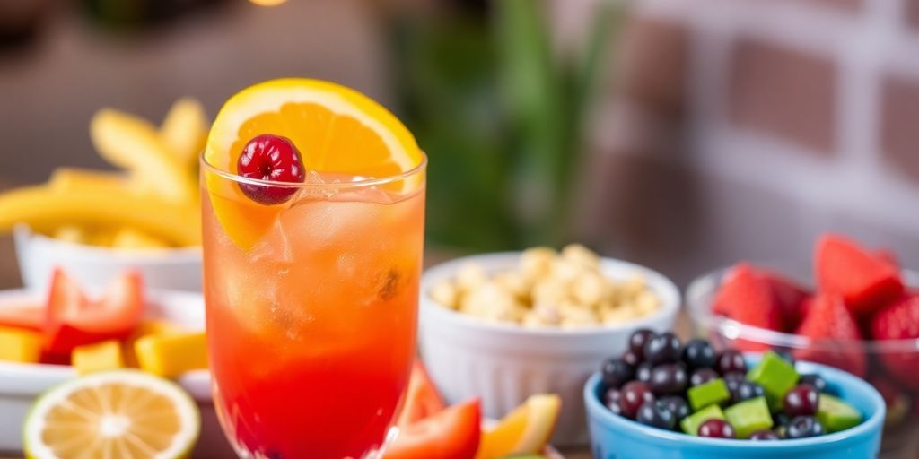 A colorful cocktail with fruit and healthy snacks.