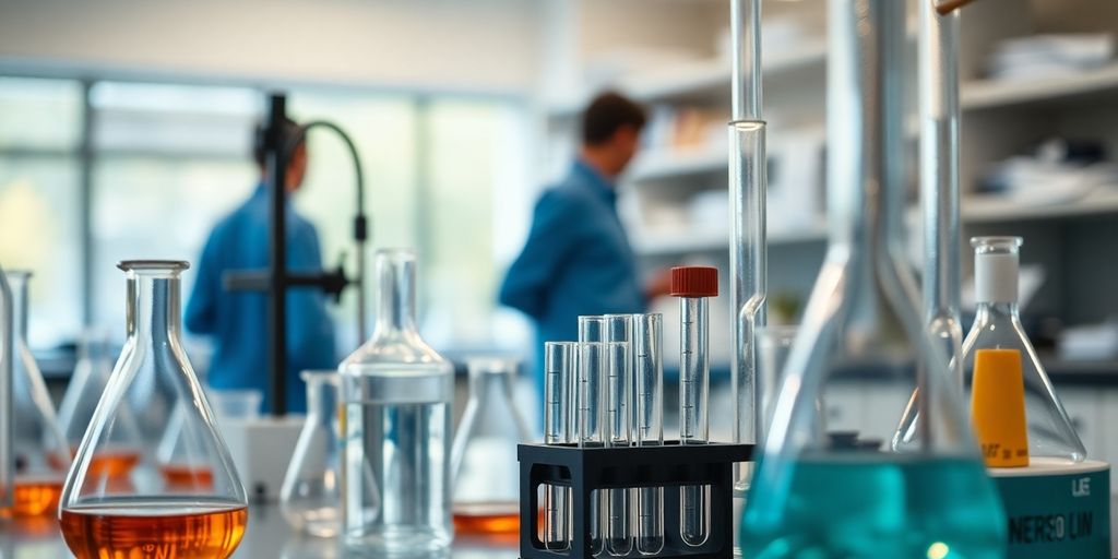 Microscope, beakers, test tubes on lab bench.