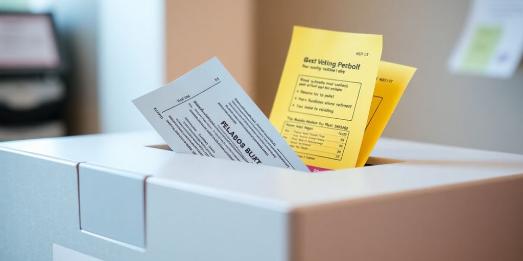 Australian ballot box with voting slips.