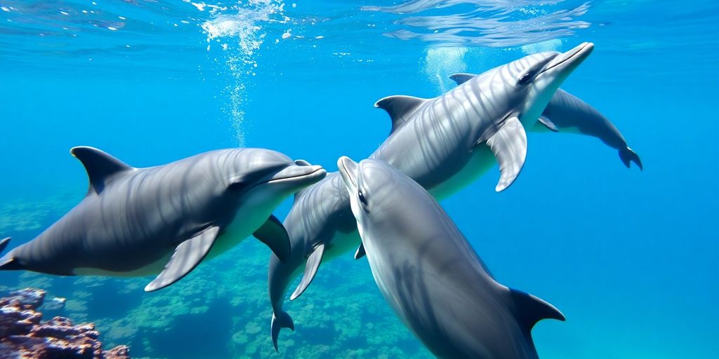 Dolphins communicating in a vibrant underwater scene.