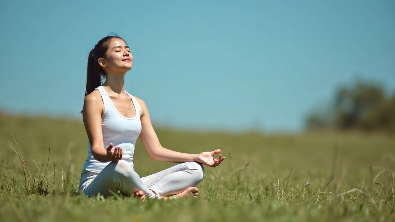 Person meditating in a grassy field.