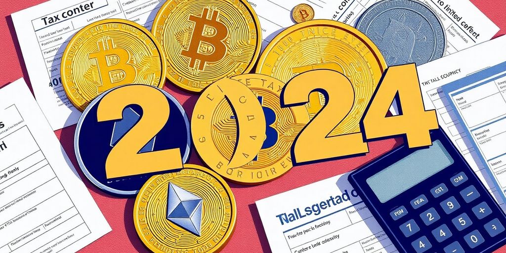 Illustrative image of cryptocurrencies and tax-related items.