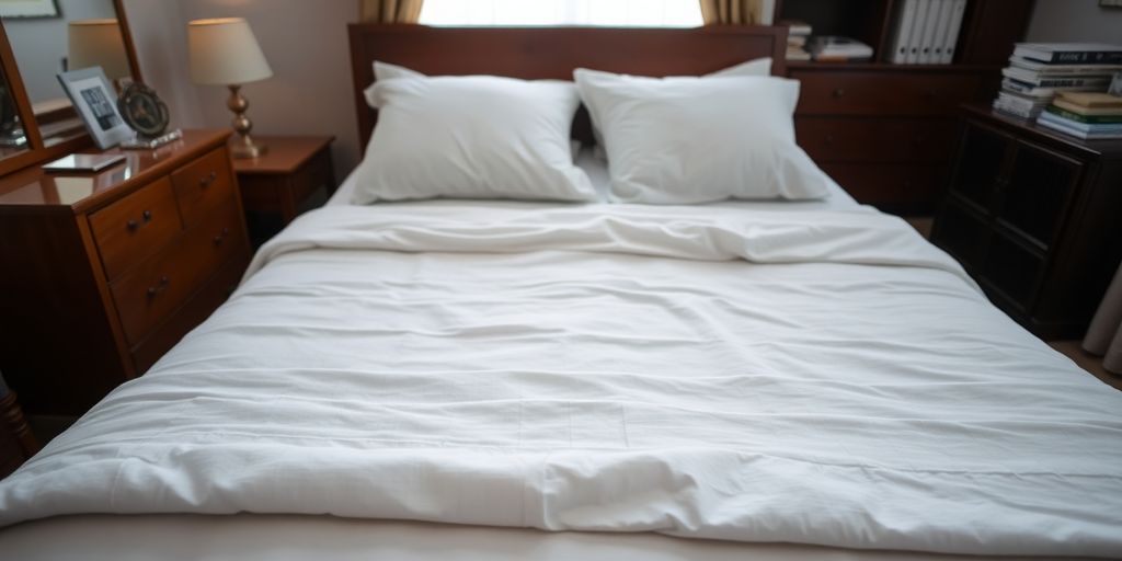 Clean bed and furniture in a tidy room.