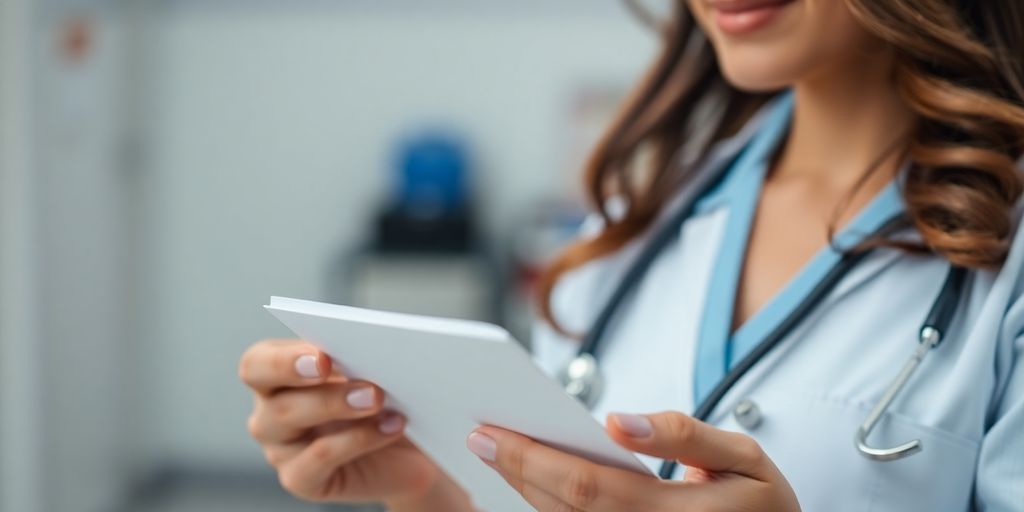 Nurse practitioner examining a prescription pad.