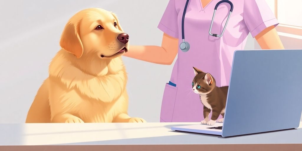 Veterinarian petting dog with kitten near clinic desk and laptop