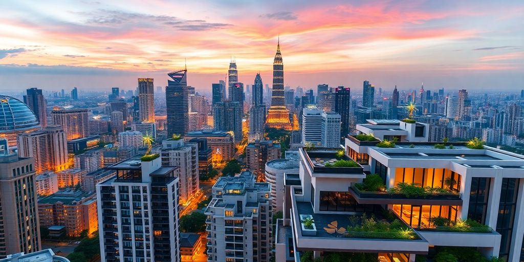Luxurious penthouses against Bangkok's vibrant skyline at dusk.