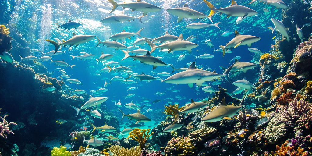 Underwater scene of sharks swimming among coral reefs.