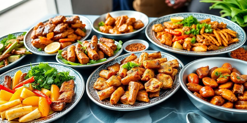 อาหารฮาลาลหลากหลายประเภทบนจานสวยงาม