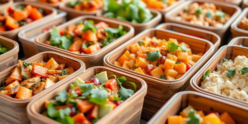 Biodegradable food containers filled with catering food.