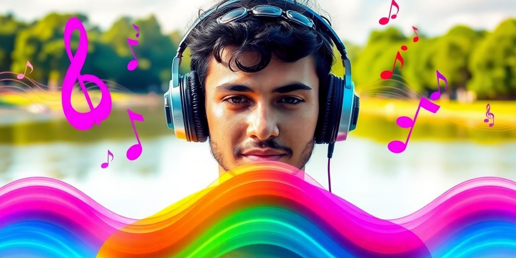Person with headphones surrounded by colorful musical notes.