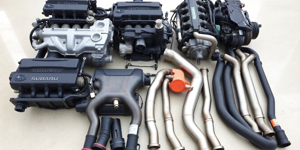 Subaru car parts laid out neatly.