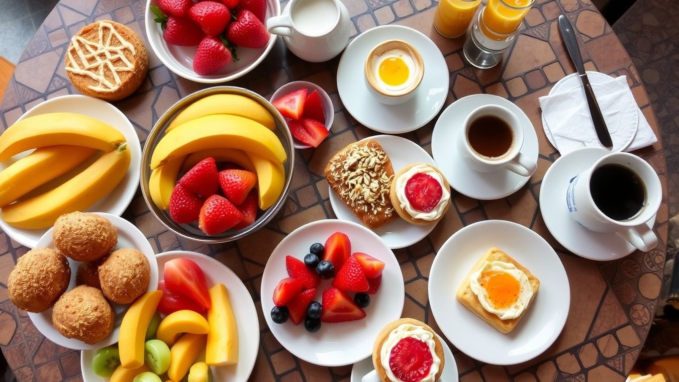 Colorful breakfast spread with fruits and pastries.