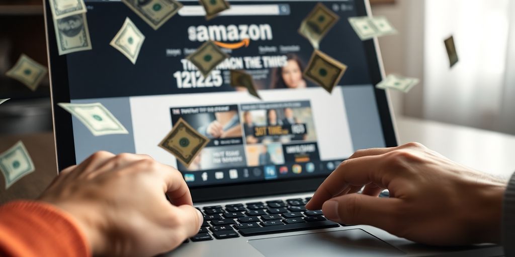Laptop with Amazon website, hands typing, money falling.