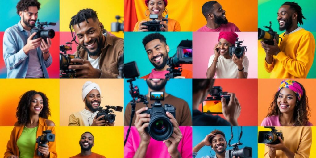 Diverse individuals creating videos in various languages.