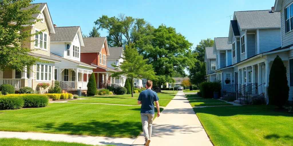 Diverse homes on a sunny street with a person walking.