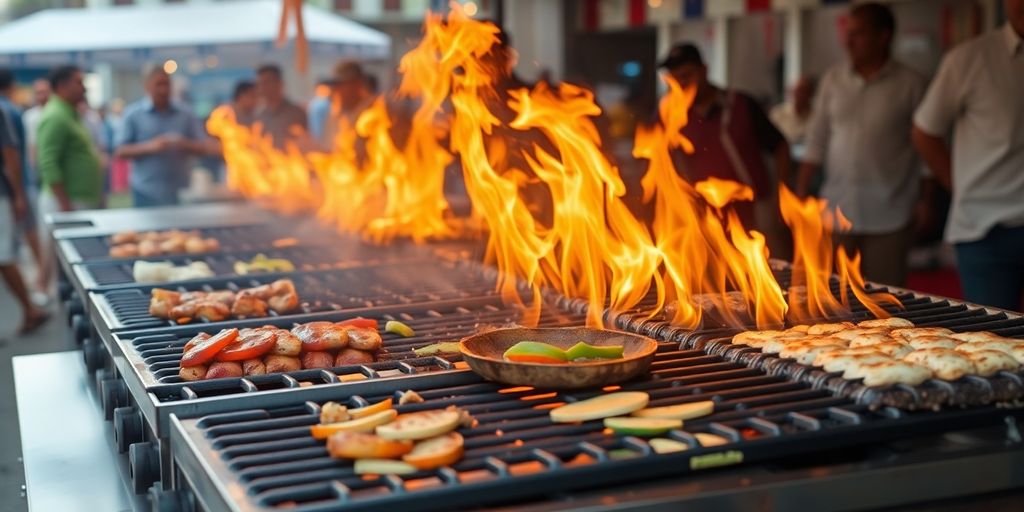 Professional gas chargrills cooking food at an outdoor event.