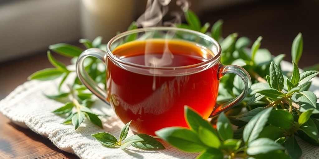 Steaming cup of tea with fresh herbs and calming ambiance.