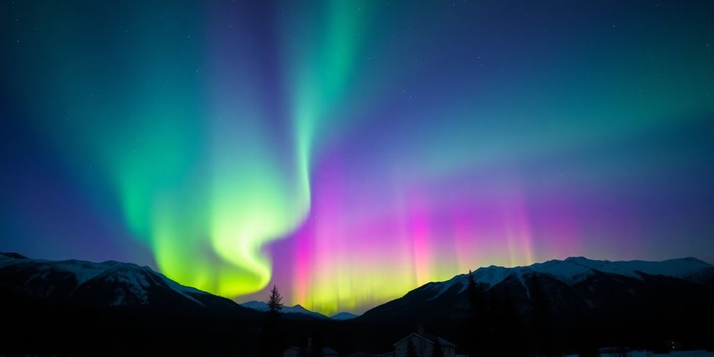Vibrant Northern Lights over snowy mountains in Anchorage.
