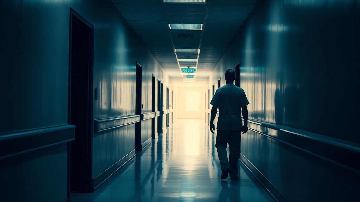Un couloir d'hôpital faiblement éclairé avec une silhouette épuisée.