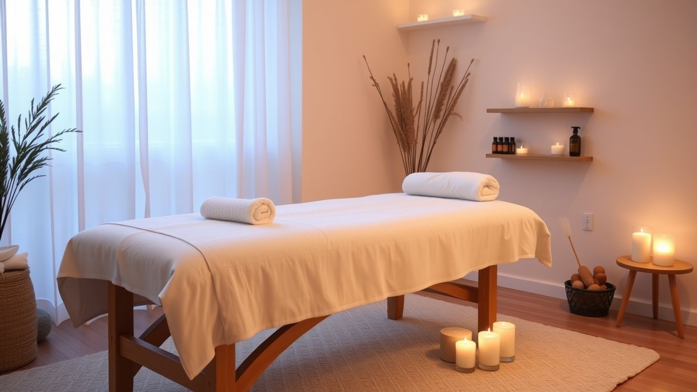 Peaceful spa setting with massage table and oils