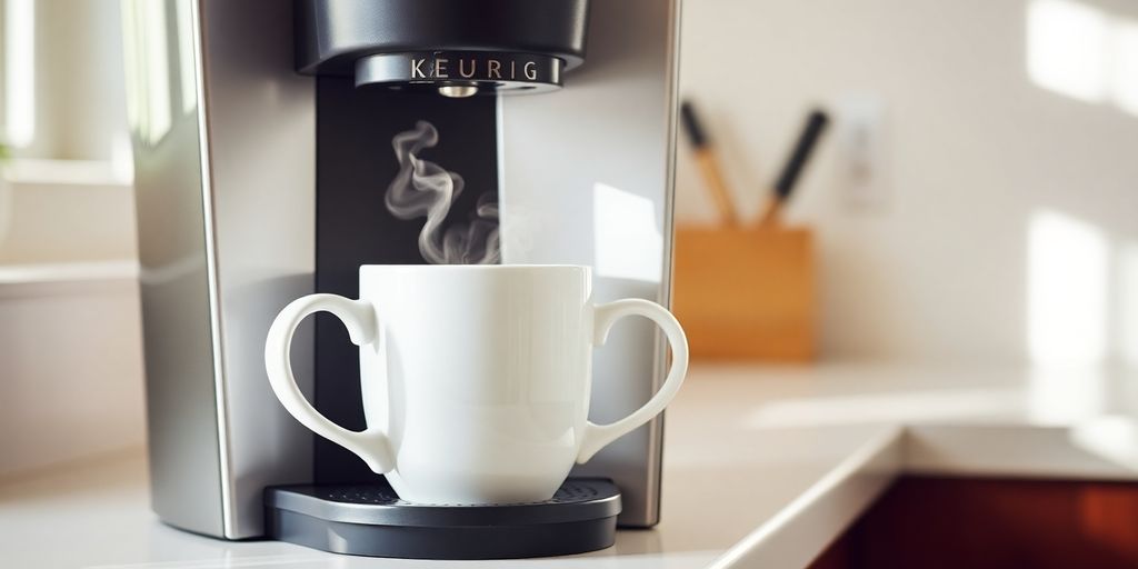Brewing coffee machine with steaming mug on kitchen counter.