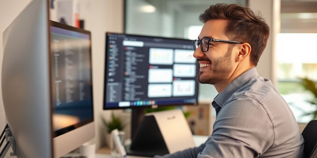 Small business owner smiling, using a computer.