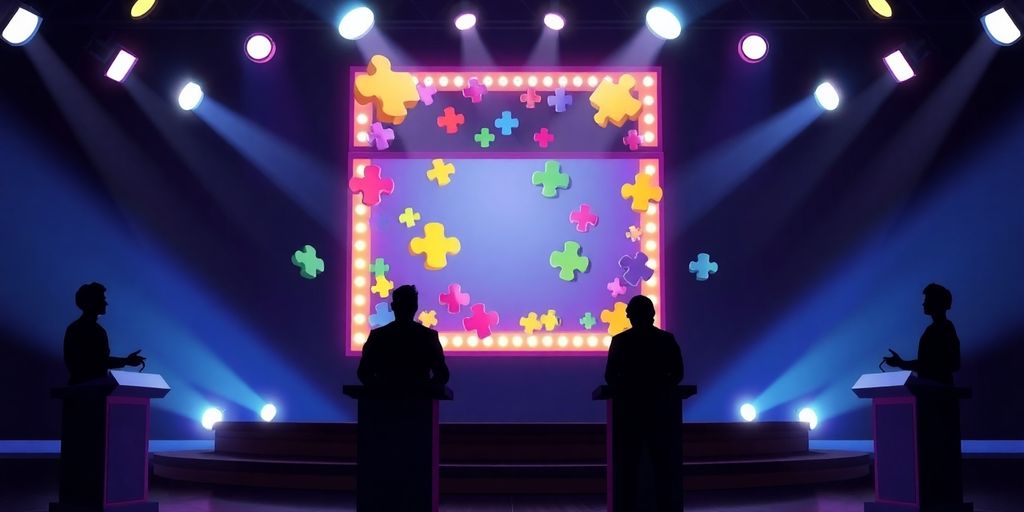 A vibrant illustration of a game show with a screen.