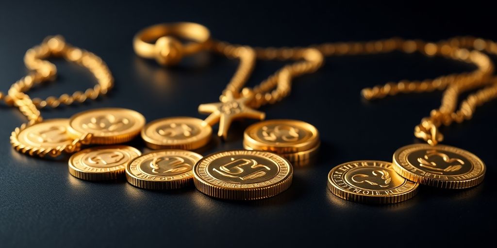 Monnaie et bijoux en or sur une surface sombre.