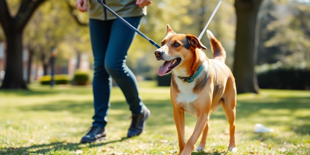 A dog heeling next to its owner in a park.