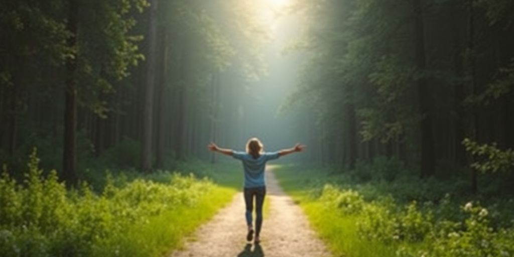 Person on a path in a sunlit forest.