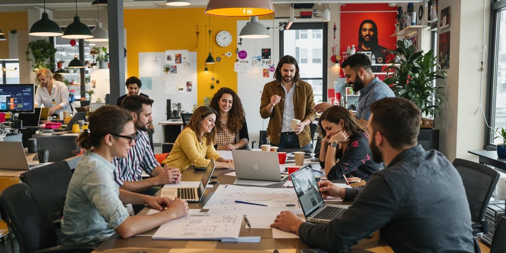 Moderne arbeidsplass med samarbeidende gründere og kreative verktøy.