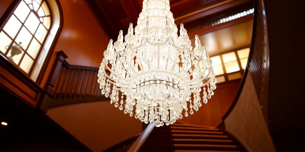 Grand staircase with a shimmering crystal chandelier.