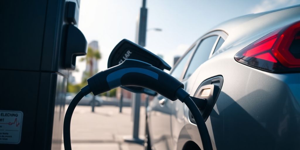 Electric vehicle charging at a public charging station.