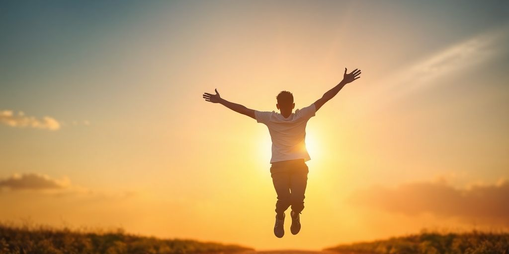 Person leaping confidently into a bright, open future.