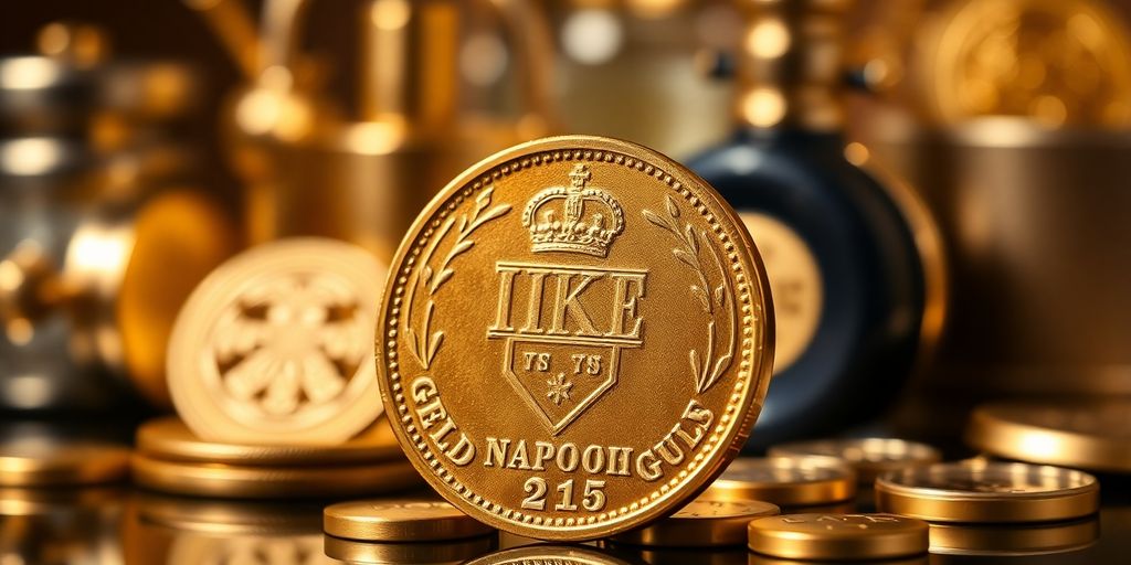 Pièce d'or Napoléon sur fond flou de luxe.
