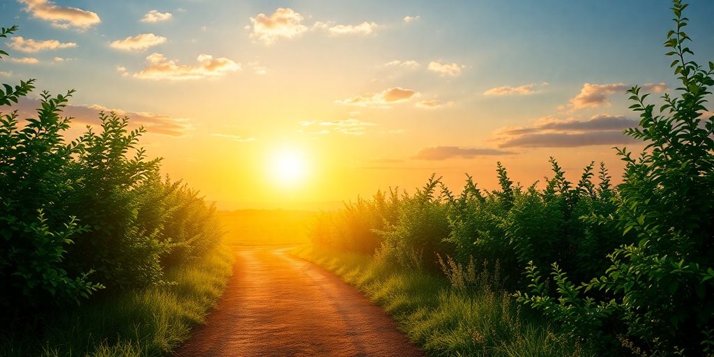 A sunrise over a lush path representing abundance and wealth.