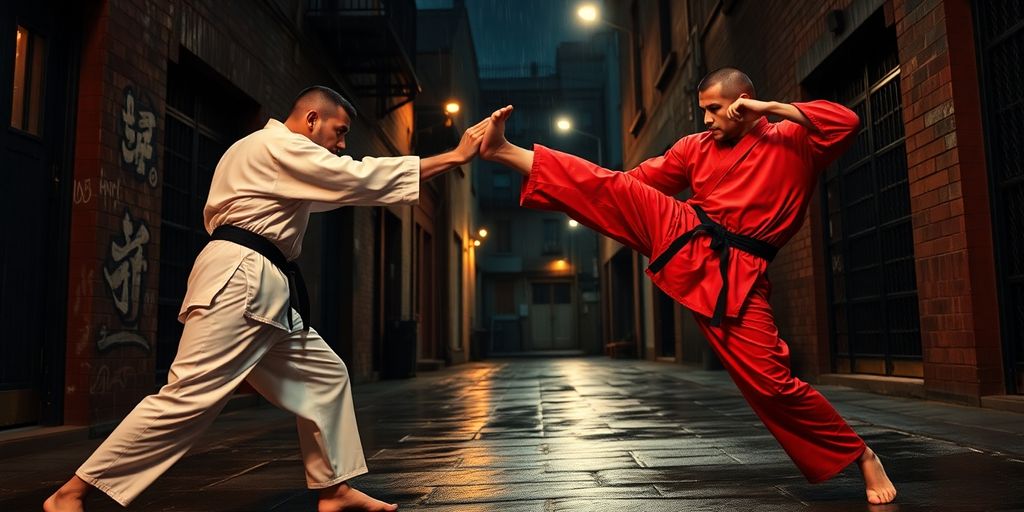 Two martial artists in red and white gis fight.