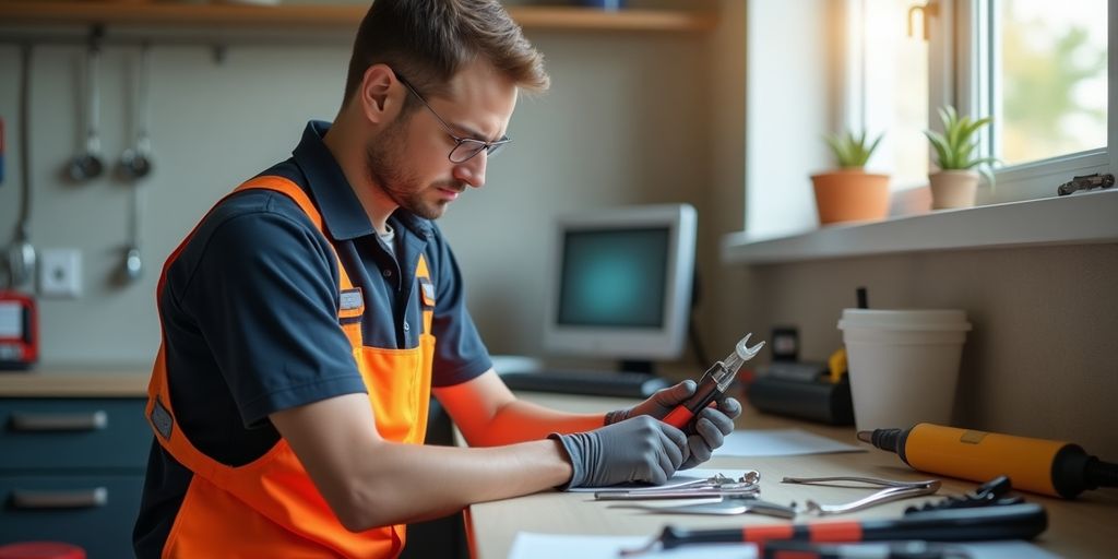 Technician working on home maintenance with tools around.