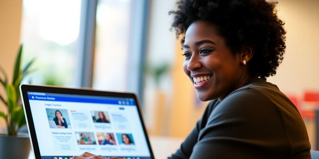 Person learning on a laptop with a bright, modern background.