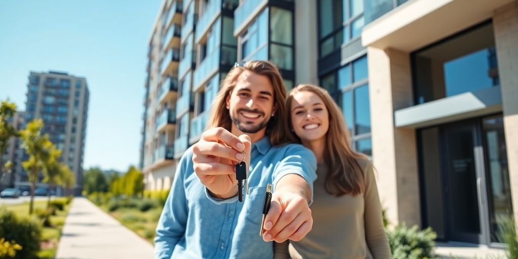 Happy couple holding keys in front of new apartment.