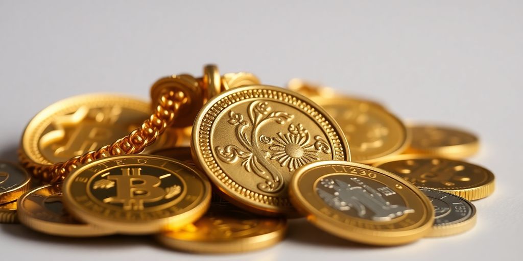Bijoux et pièces d'or disposés avec élégance.