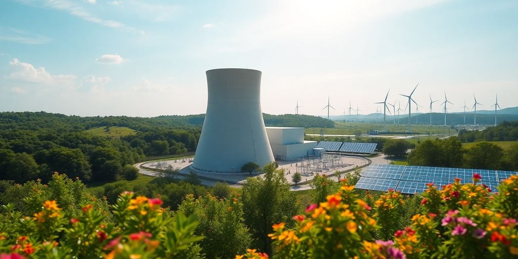 Nuclear power plant with greenery and AI technology elements. Nuclear power plant with greenery and AI technology elements.