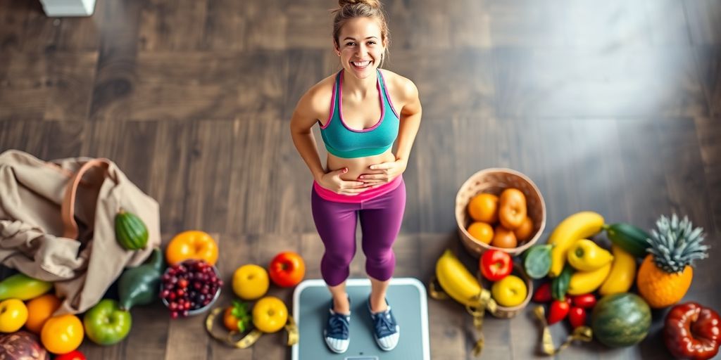 Confident person smiling while standing on a scale.