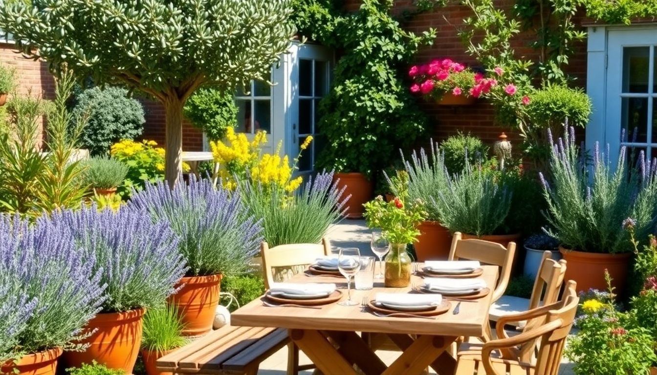 Mediterranean garden in London with olive trees and flowers.