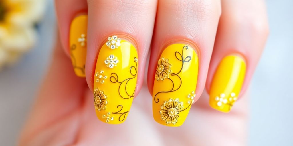 Unhas amarelas decoradas para o verão.