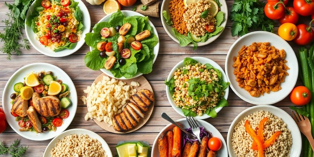 Colorful healthy meals on a wooden table for families.