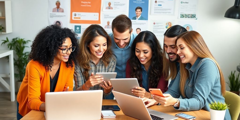 Group of professionals using personal branding tools creatively.